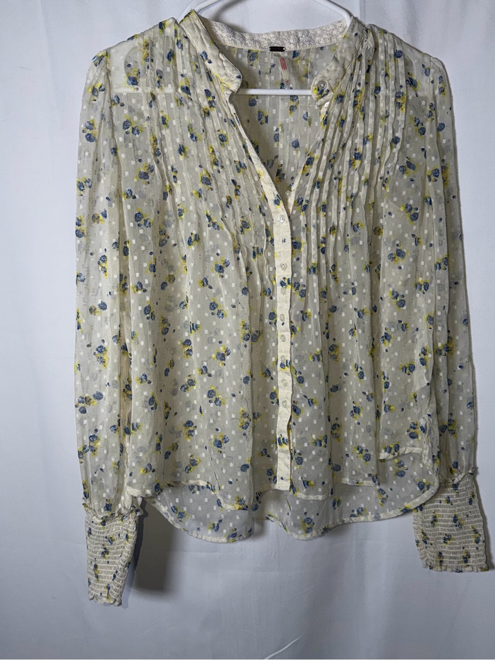 Free People Cream Sheer Floral Pintuck Blouse with Blue and Yellow Flowers